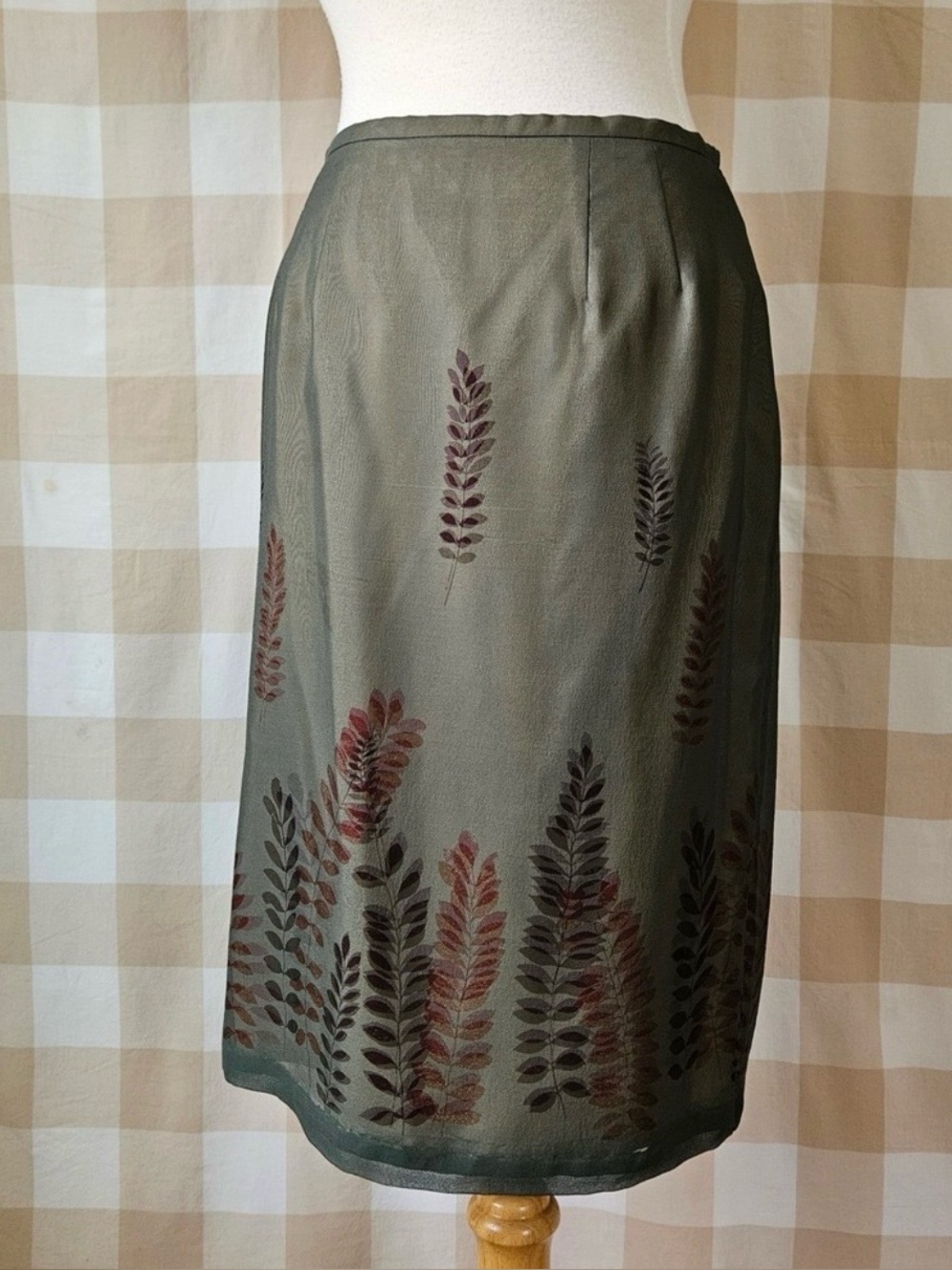 Vtg 90s Y2K Alfani Silk Sheath Skirt Olive Green Fern Leaf Print Side Slit Sz 10